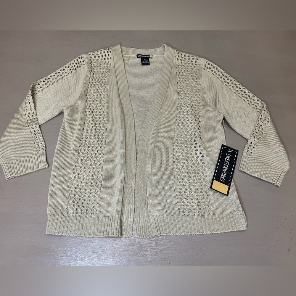 SWEATERWORKS Open Front Crochet Knit Cardigan Stone Beige Size M NWT